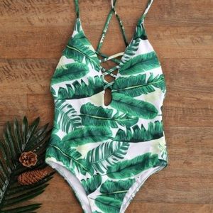 Zaful Leaf Print Padded Backless One Piece